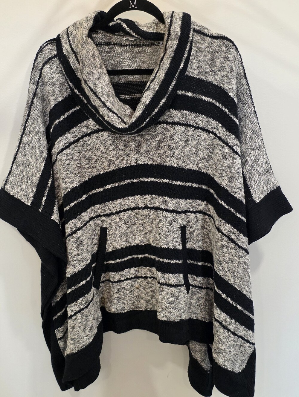 Splendid Black and Gray Striped Cowl Poncho Sweater